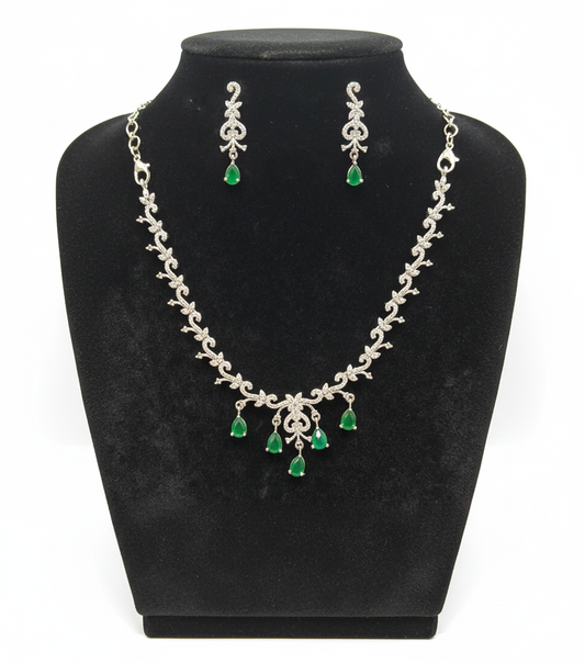 Pleasing Designer American Diamond White And Green Color Stones Necklace And Earrings Set