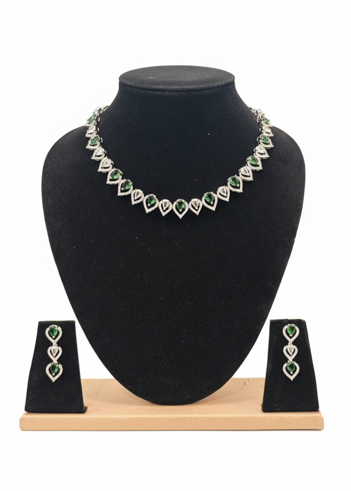 Alluring American Diamond Green And White Color Stones Necklace With Earrings Set
