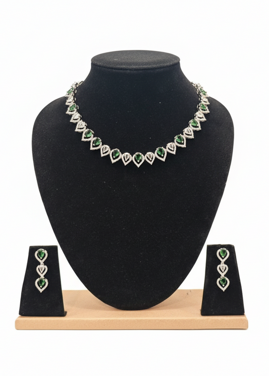 Alluring American Diamond Green And White Color Stones Necklace With Earrings Set