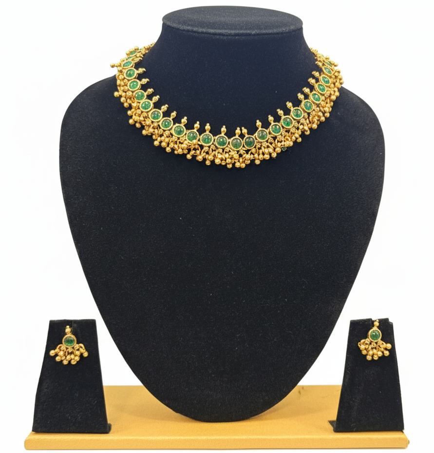 Gorgeous Round Shaped Dark Green Color Gold Plated Necklace With Earrings Set