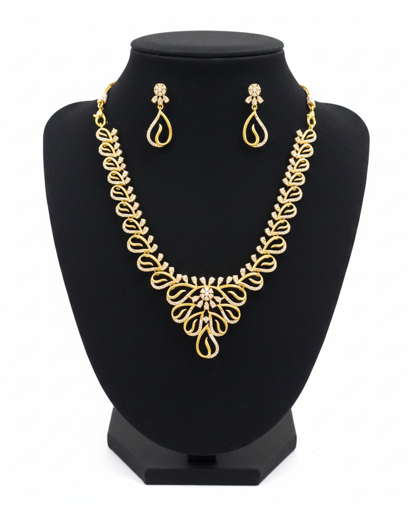 Alluring White Stone Embedded Gold Plated Necklace With Earrings Set
