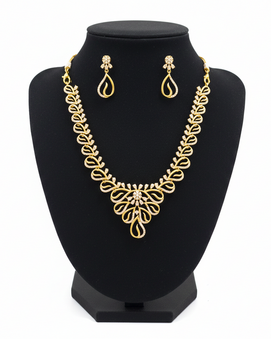Alluring White Stone Embedded Gold Plated Necklace With Earrings Set