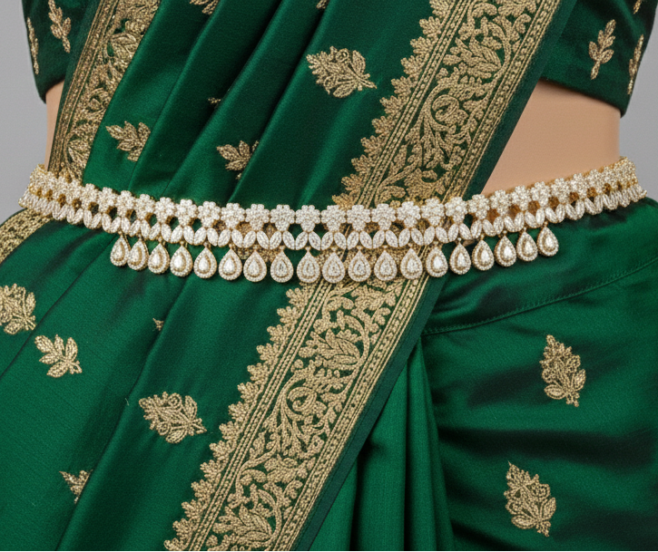 Alluring American Diamond Drop Design White Color Stones Hip Chain For Women