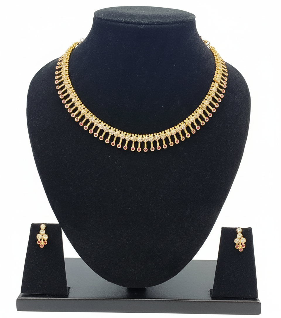 Alluring Dark Pink Color And White Stone Gold Plated Necklace With Earrings Set