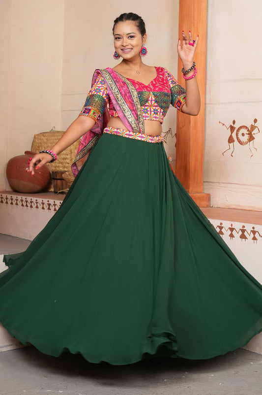 Gorgeous Green Color Lehenga With Pink Color Dupatta For Women