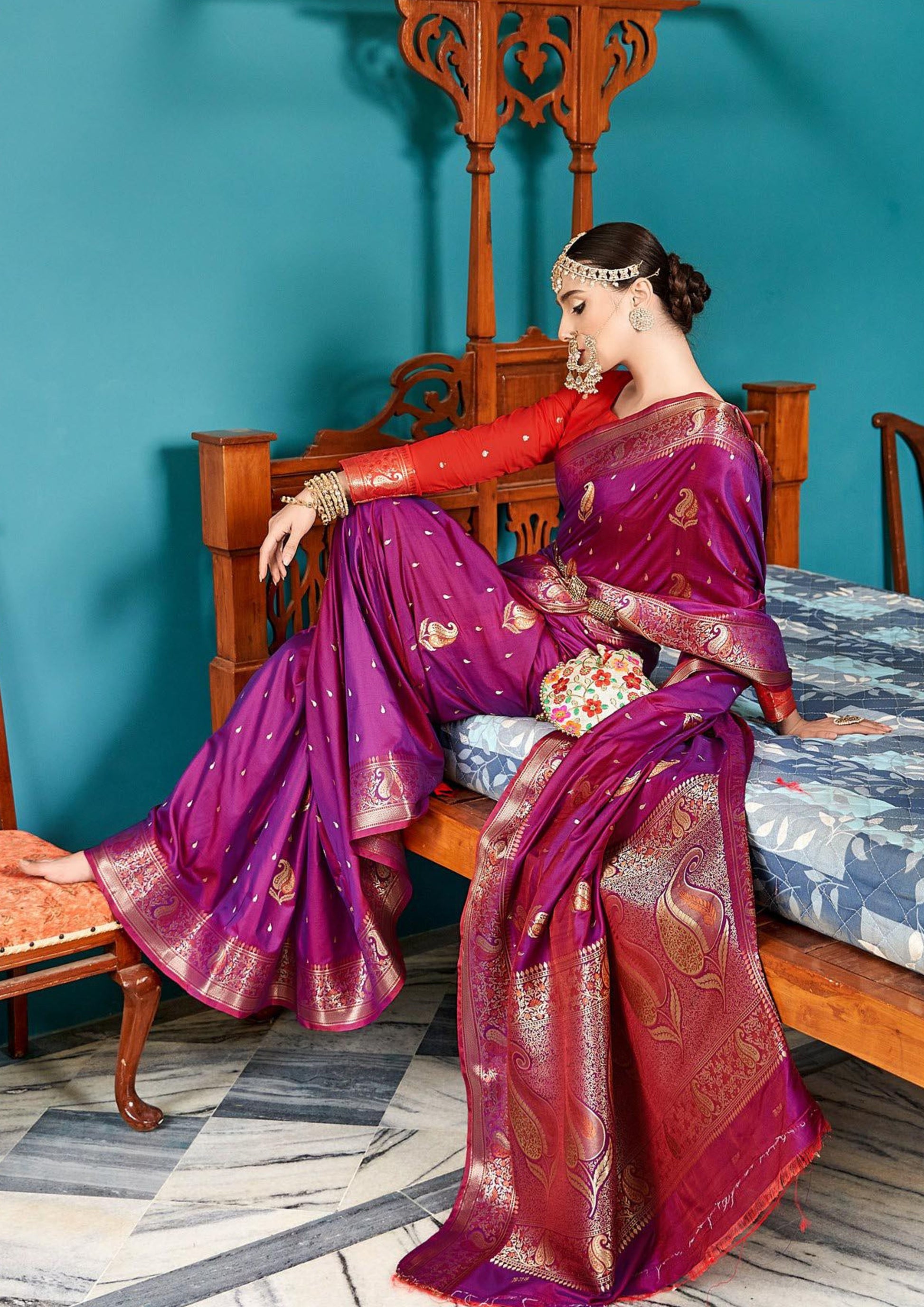 Attractive Violet Color Silky Copper Weaving Silk Saree For Women Near Me