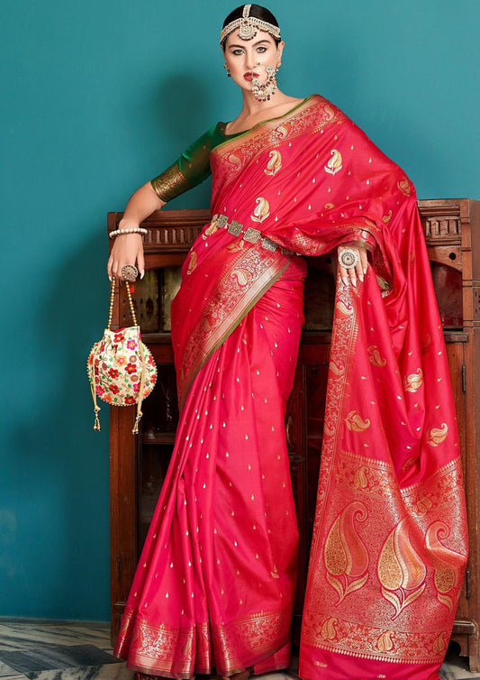 Appealing Pink color Silk Copper Weaving Saree For Women