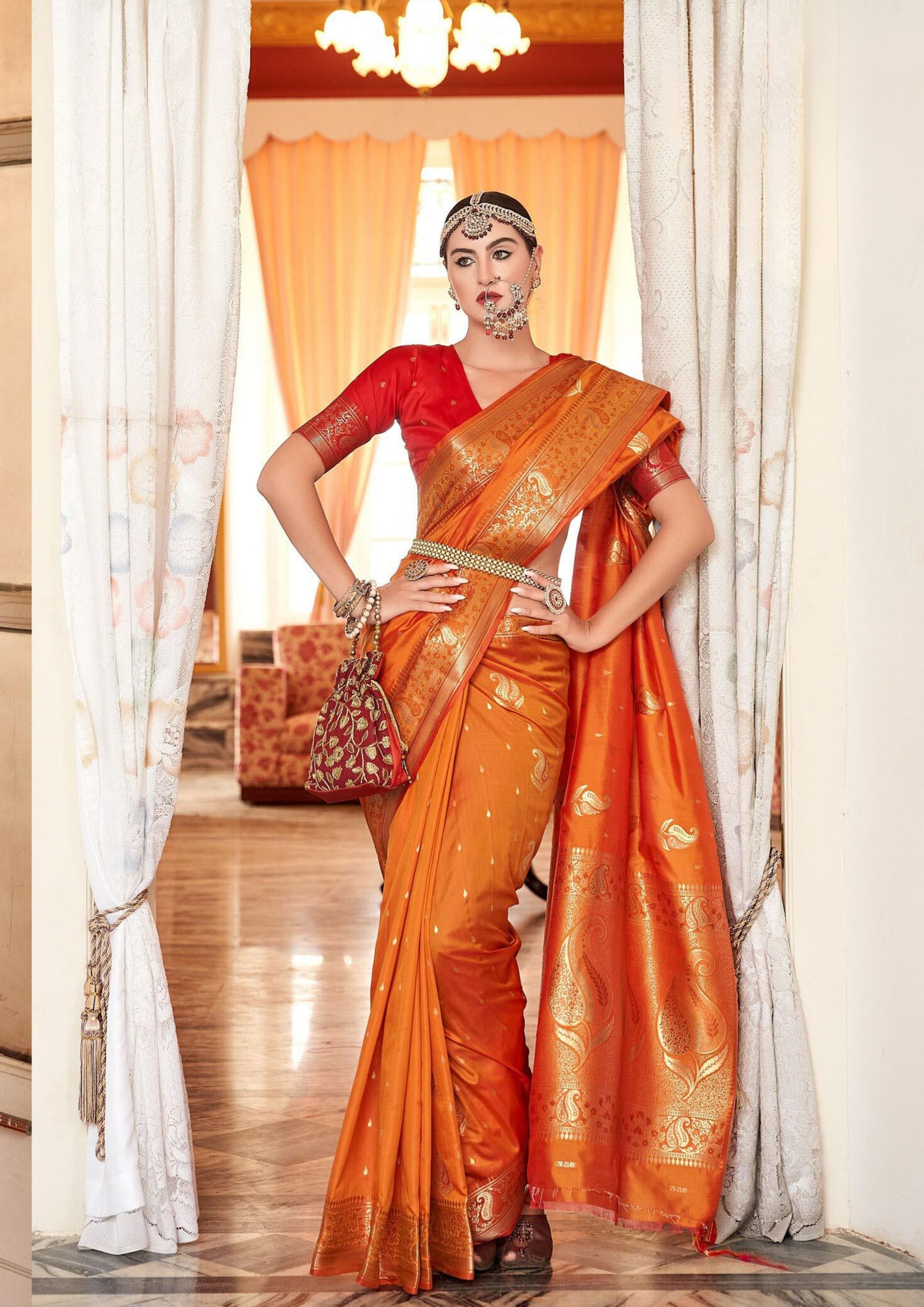 Attractive Orange Color Silk Copper Weaving Saree For Women