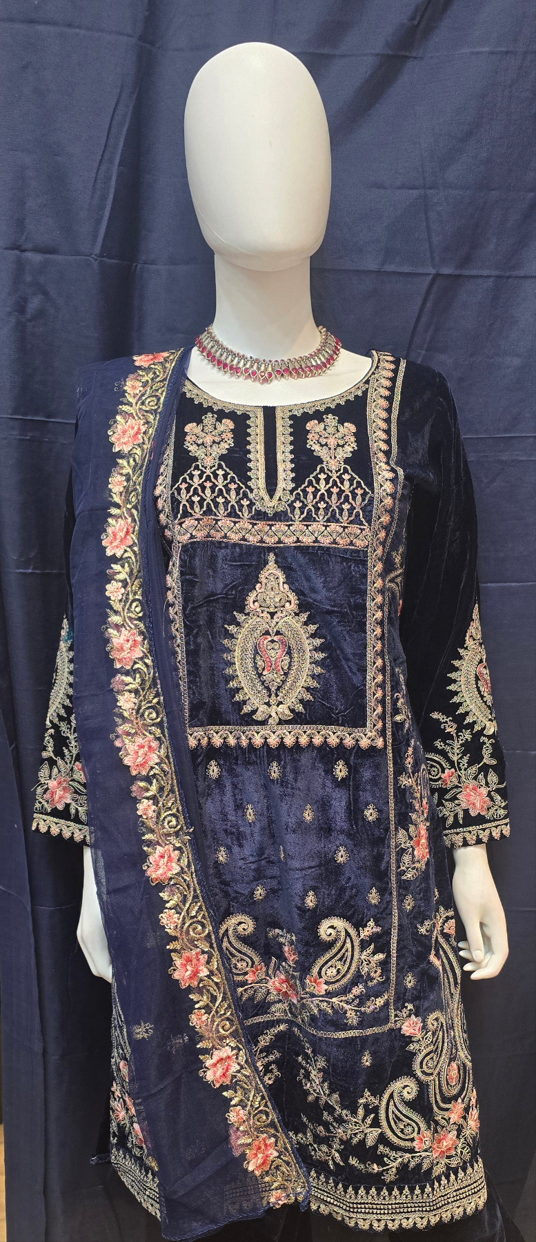 Attractive Dark Blue Velvet With Embroidery Work Salwar Suits With Dupatta For Women