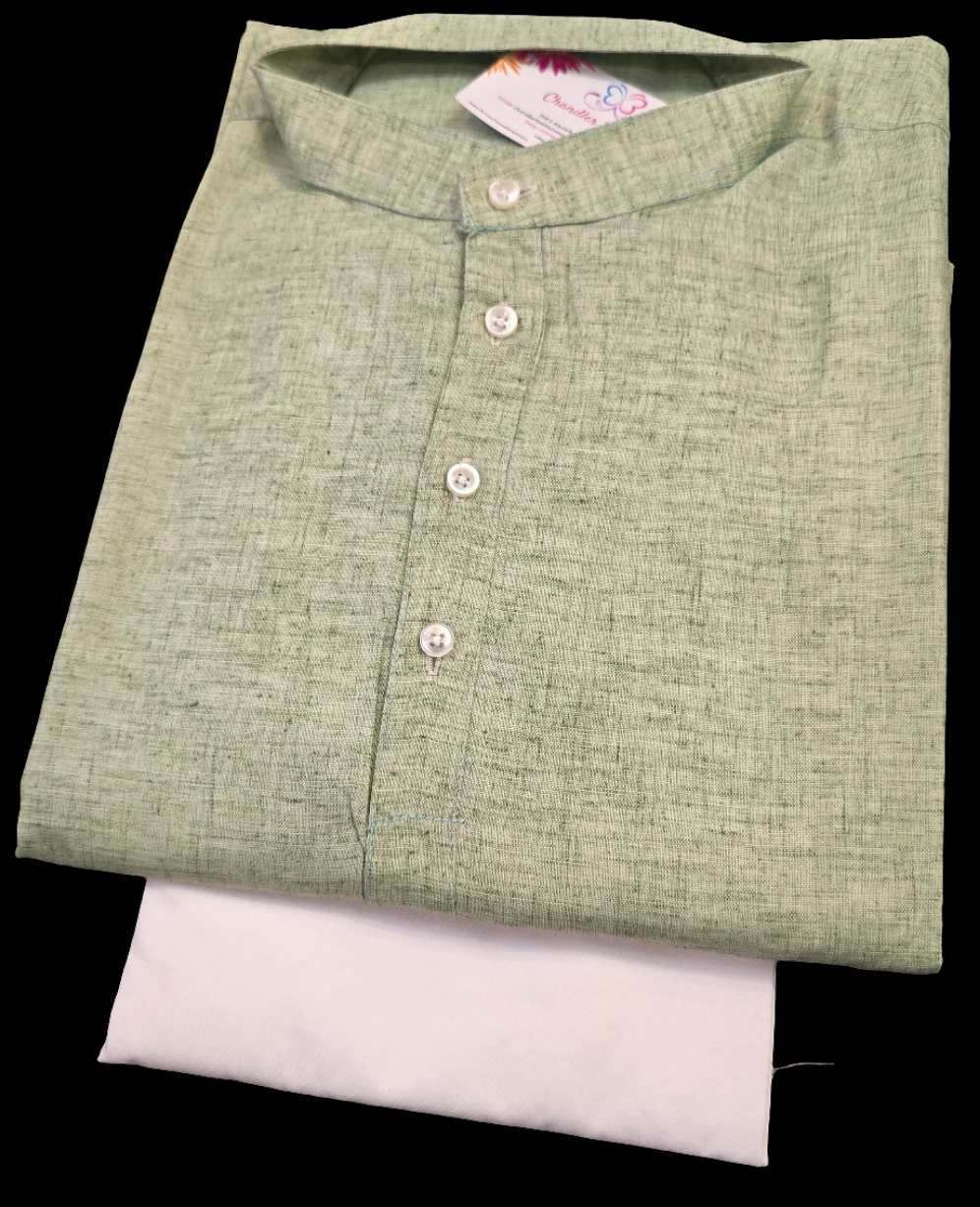 Elegant Light Green Color Cotton Men's Kurta With Pajama Pant