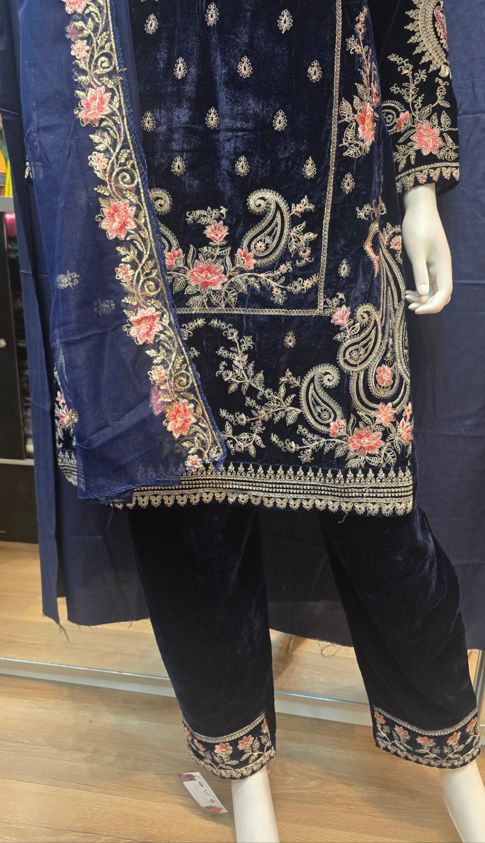Attractive Dark Blue Velvet With Embroidery Work Salwar Suits With Dupatta For Women