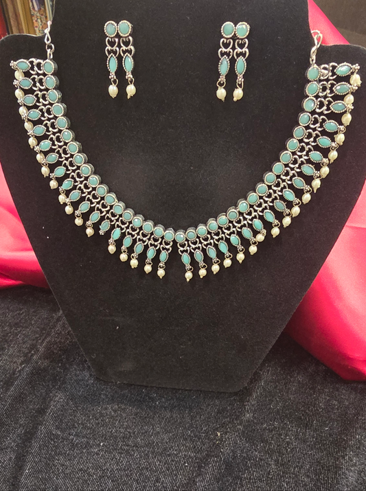 Fantastic Light Blue Color Oxidized Necklace With Earrings Set