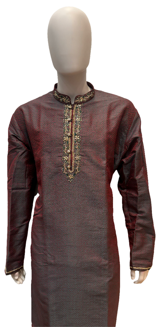 Elegant Maroon Color Men's Kurta And Pajama With Featuring Pure Zardozi Embroidery Work