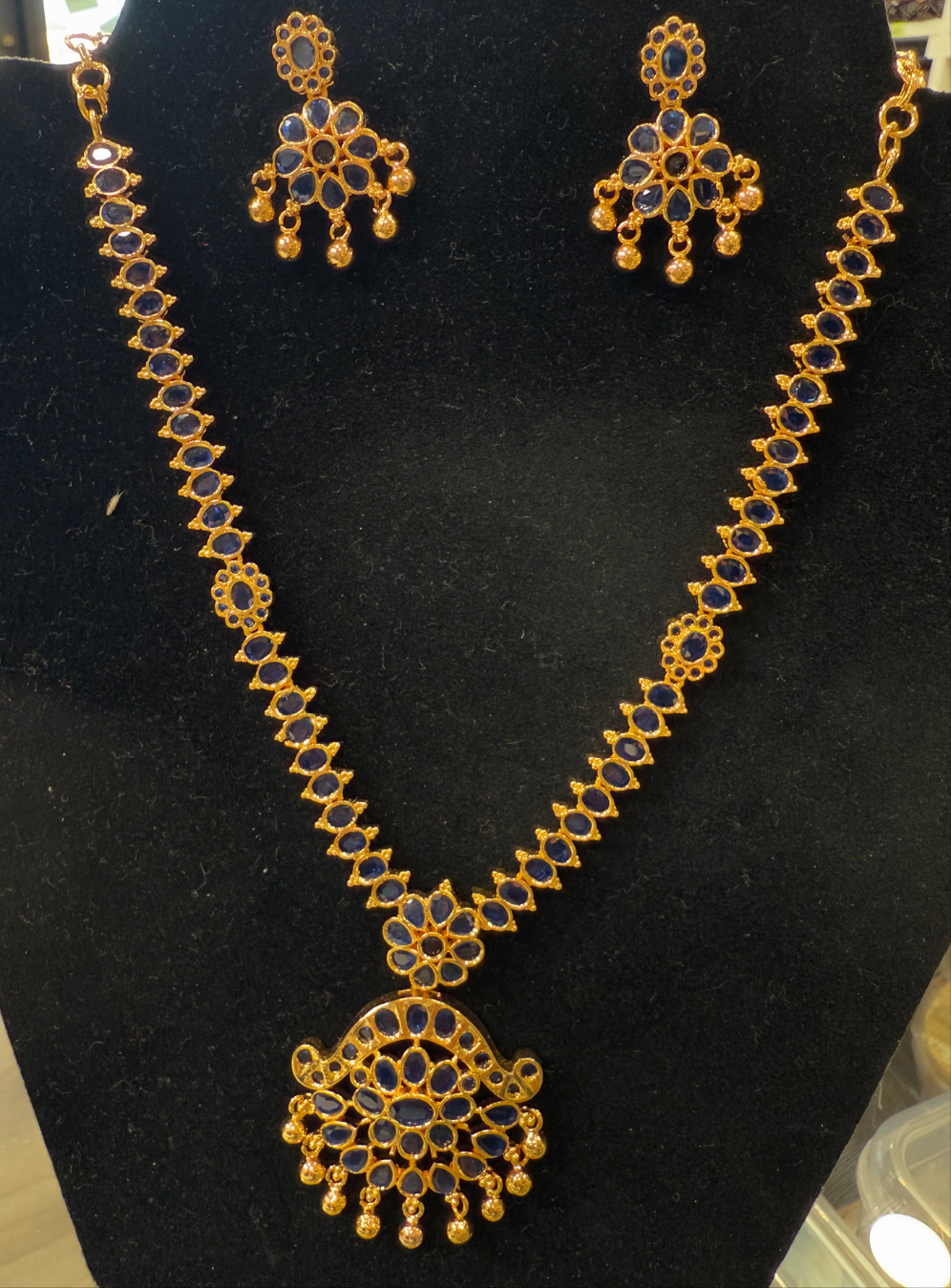 Alluring Gold Plated Navy Blue Color Necklace With Earrings