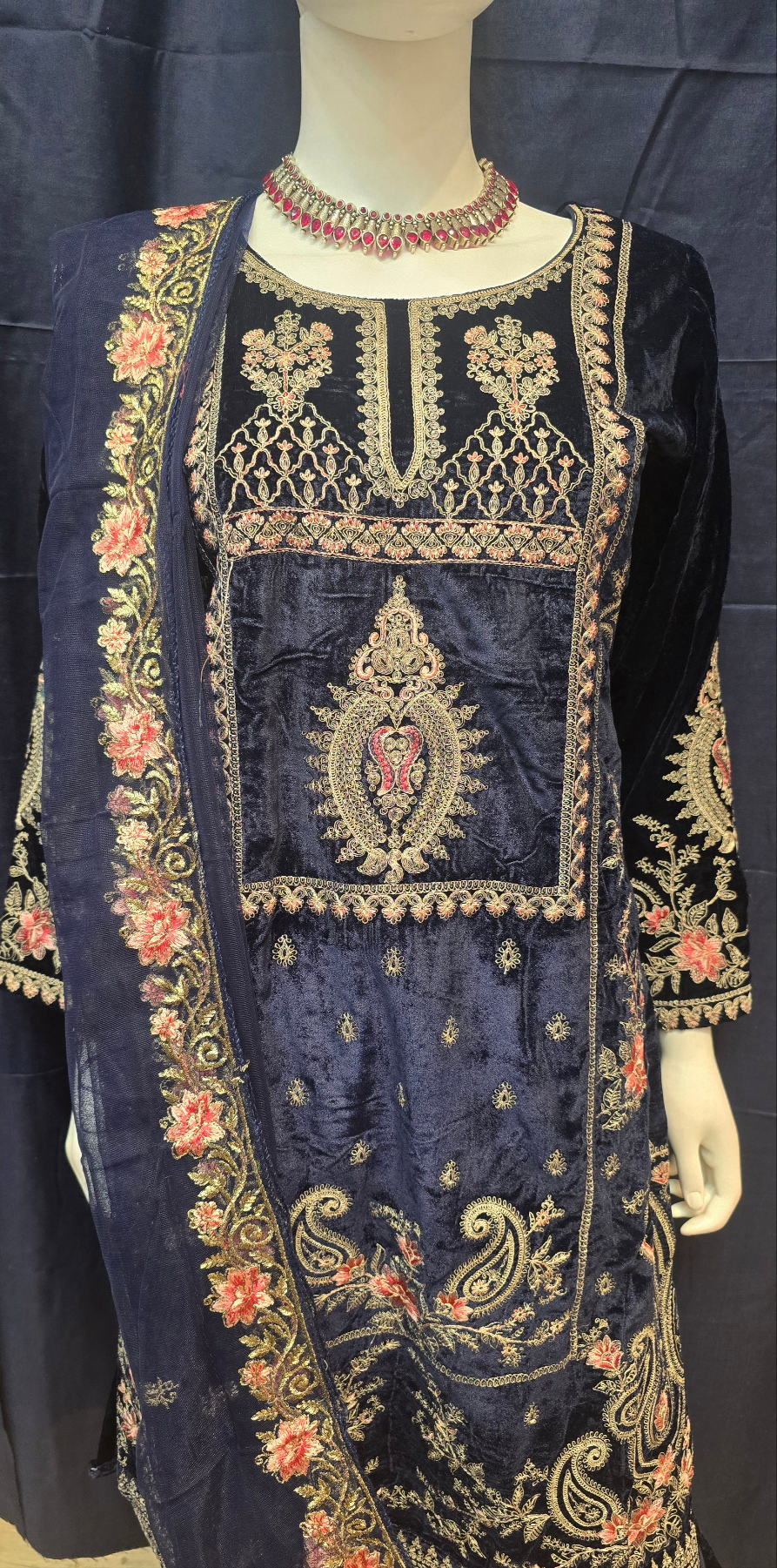 Attractive Dark Blue Velvet With Embroidery Work Salwar Suits With Dupatta For Women