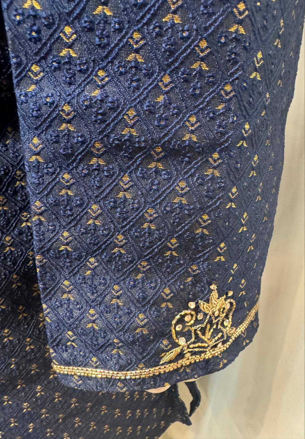 Alluring Blue Color Brocade With Pure Zardozi Hand Work Kurta And Pajama Pants For Men