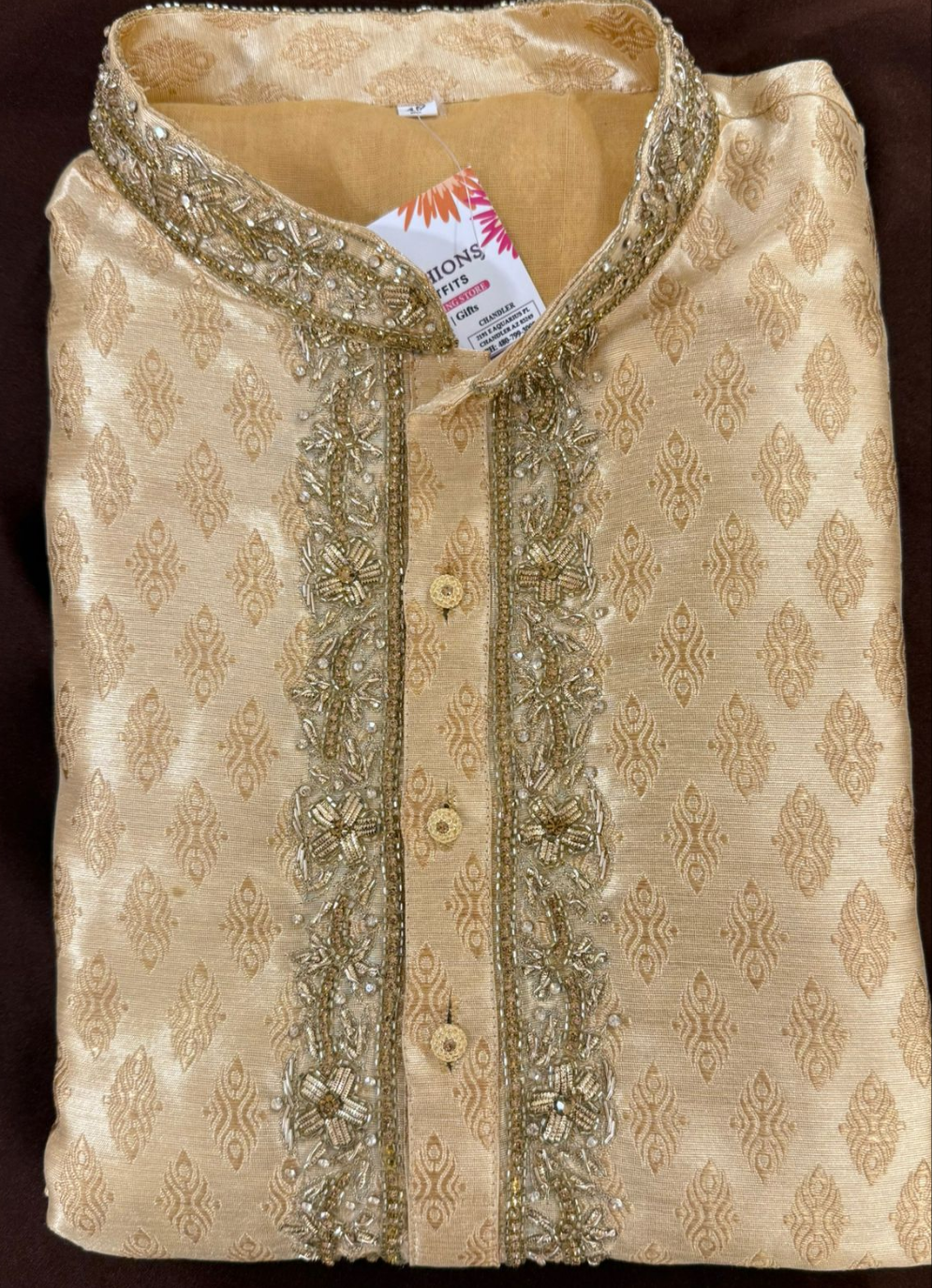 Dazzling Banarasi Brocade Gold Colored Self Design Embroidery Work Kurta Pajama For Men