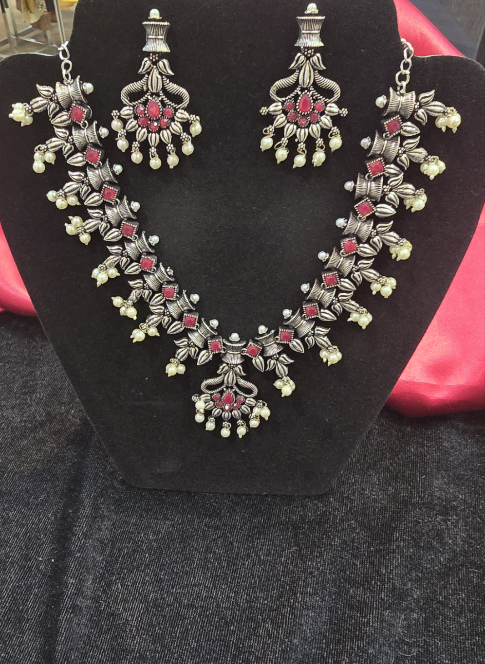 Alluring Dark Pink Color Grand Necklace With Earrings Set