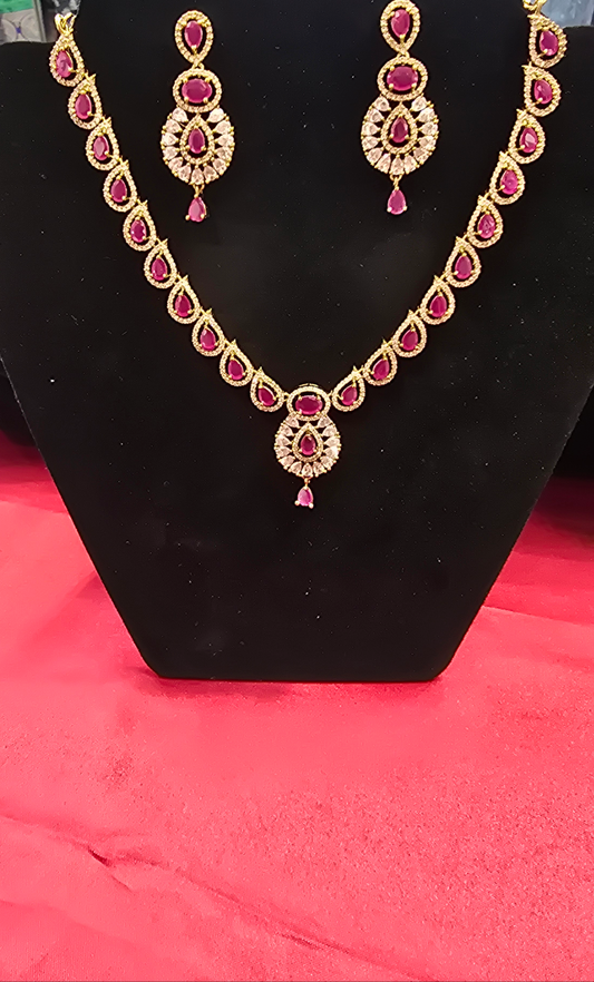 Gorgeous Gold Plated And Pink Stone With Leaf Designed Necklace Set For Women