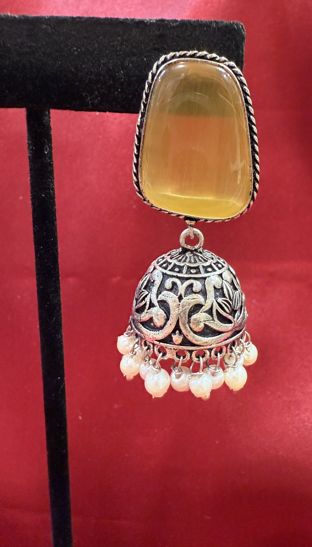 Beautiful Oxidized Yellow Stone Jhumka With White Color Bead Hangings