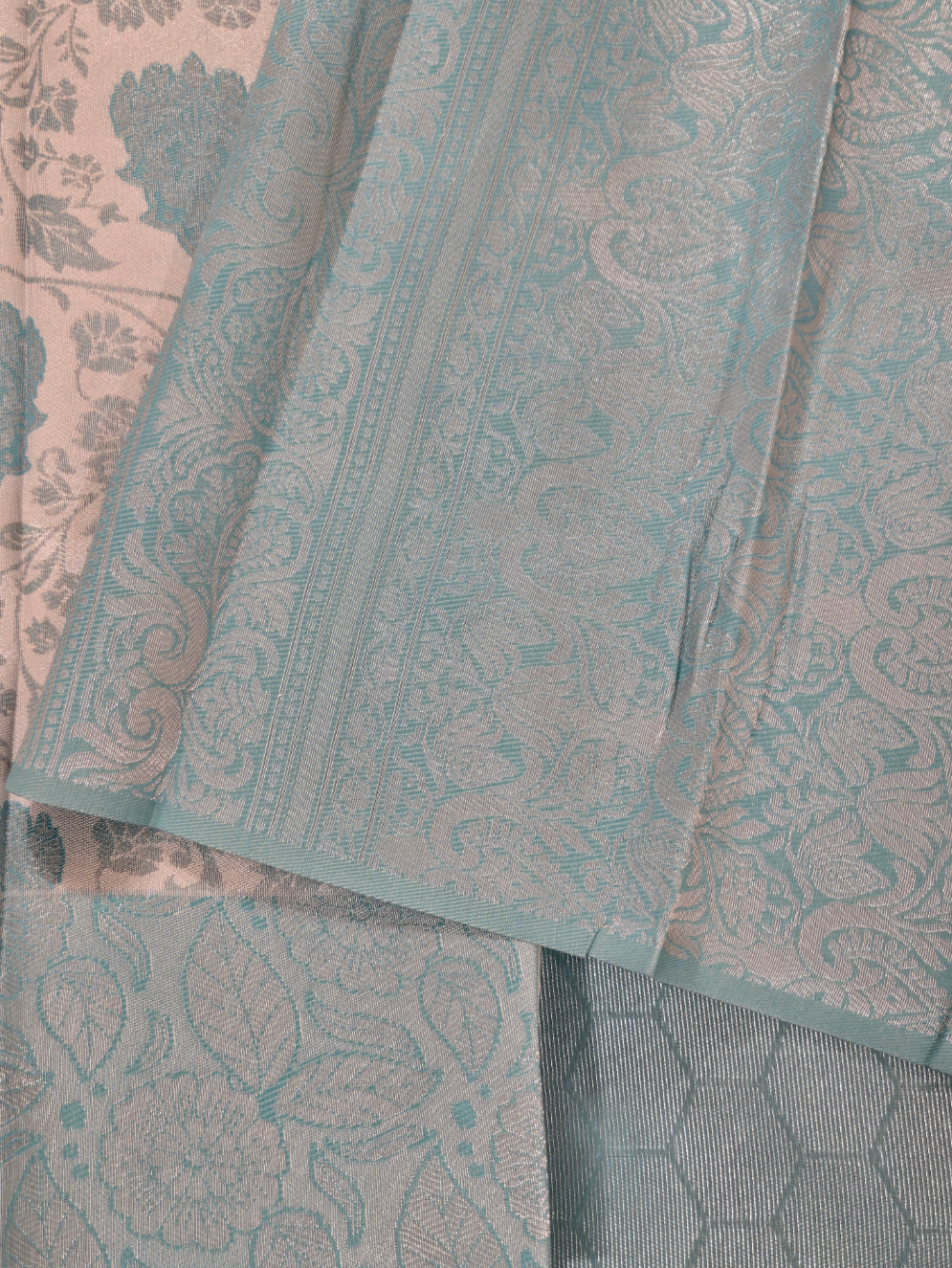Alluring Teal Green Flower Design Tissue Silk Saree