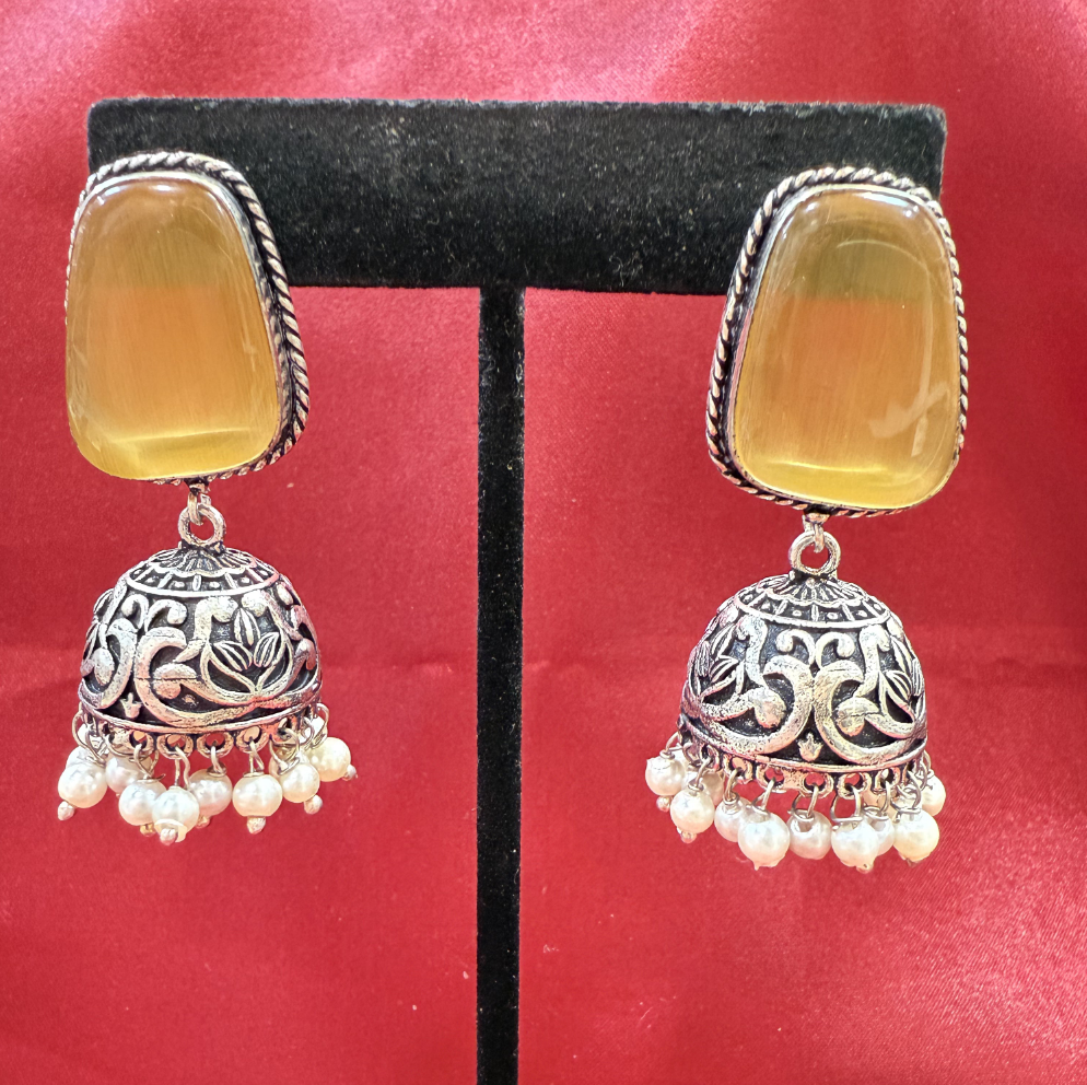 Beautiful Oxidized Yellow Stone Jhumka With White Color Bead Hangings