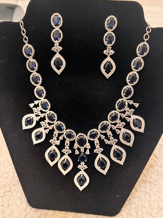 Dazzling Blue Color Stoned Worked American Diamonds Necklace
