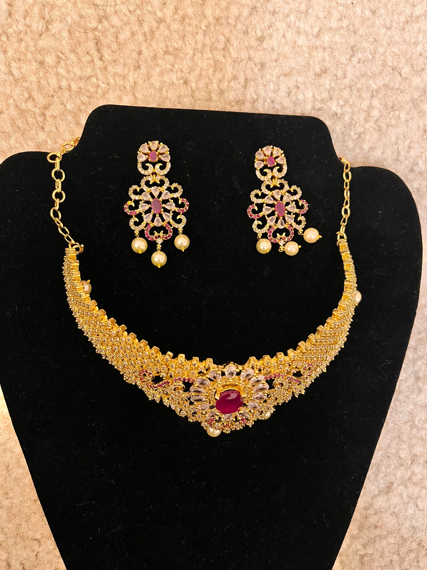 Beautiful Gold Plated White with Pink Stoned Choker