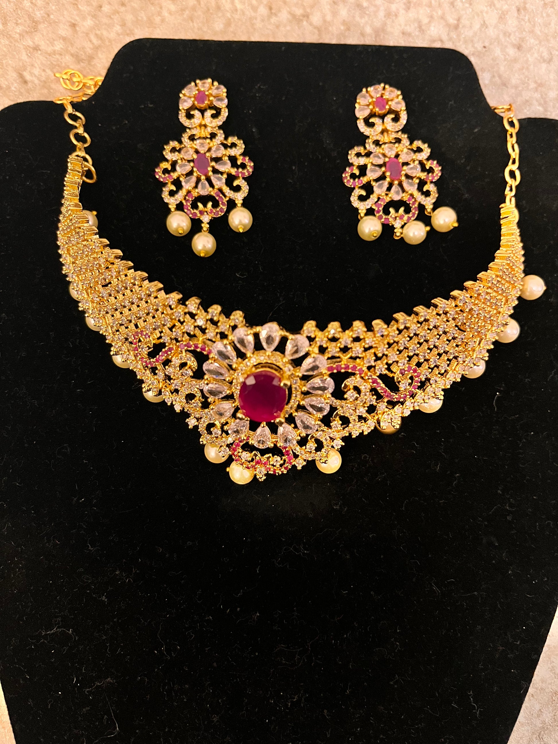 Gold Plated White with Pink Stoned Choker Near Me