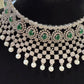 Attractive American Diamond Green, White Stoned And Pearls Necklace With Earrings