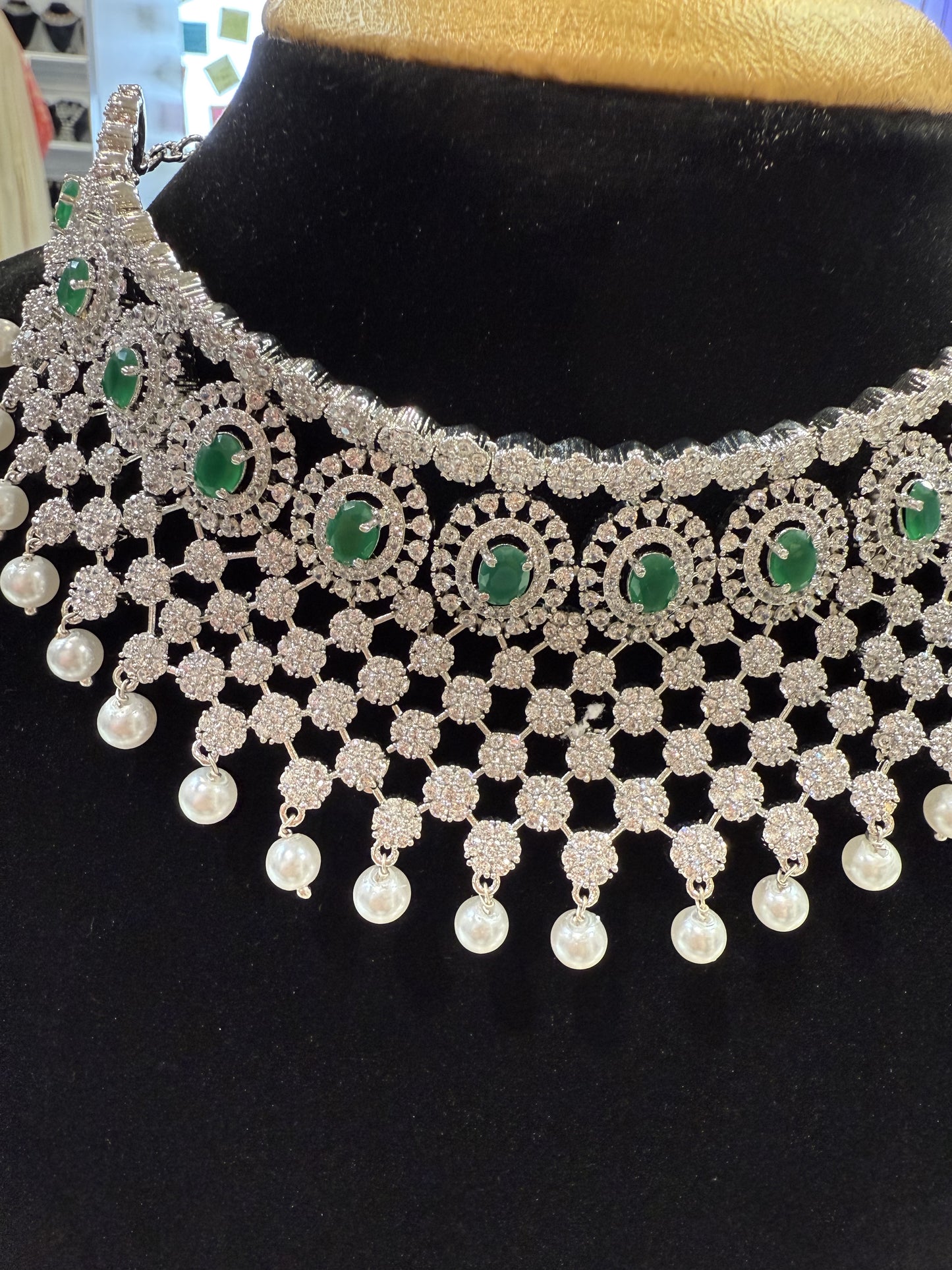 Attractive American Diamond Green, White Stoned And Pearls Necklace With Earrings