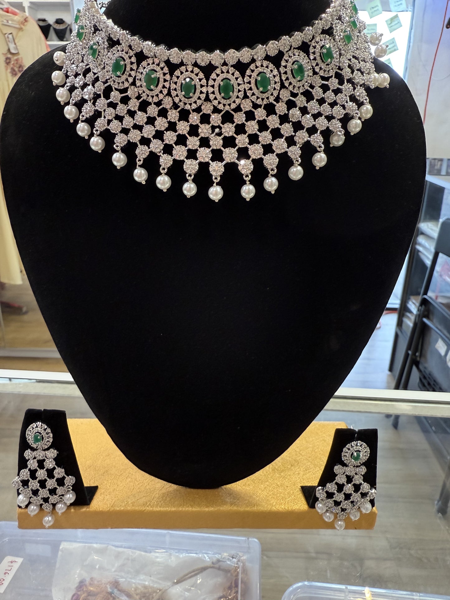 Attractive American Diamond Green, White Stoned And Pearls Necklace With Earrings