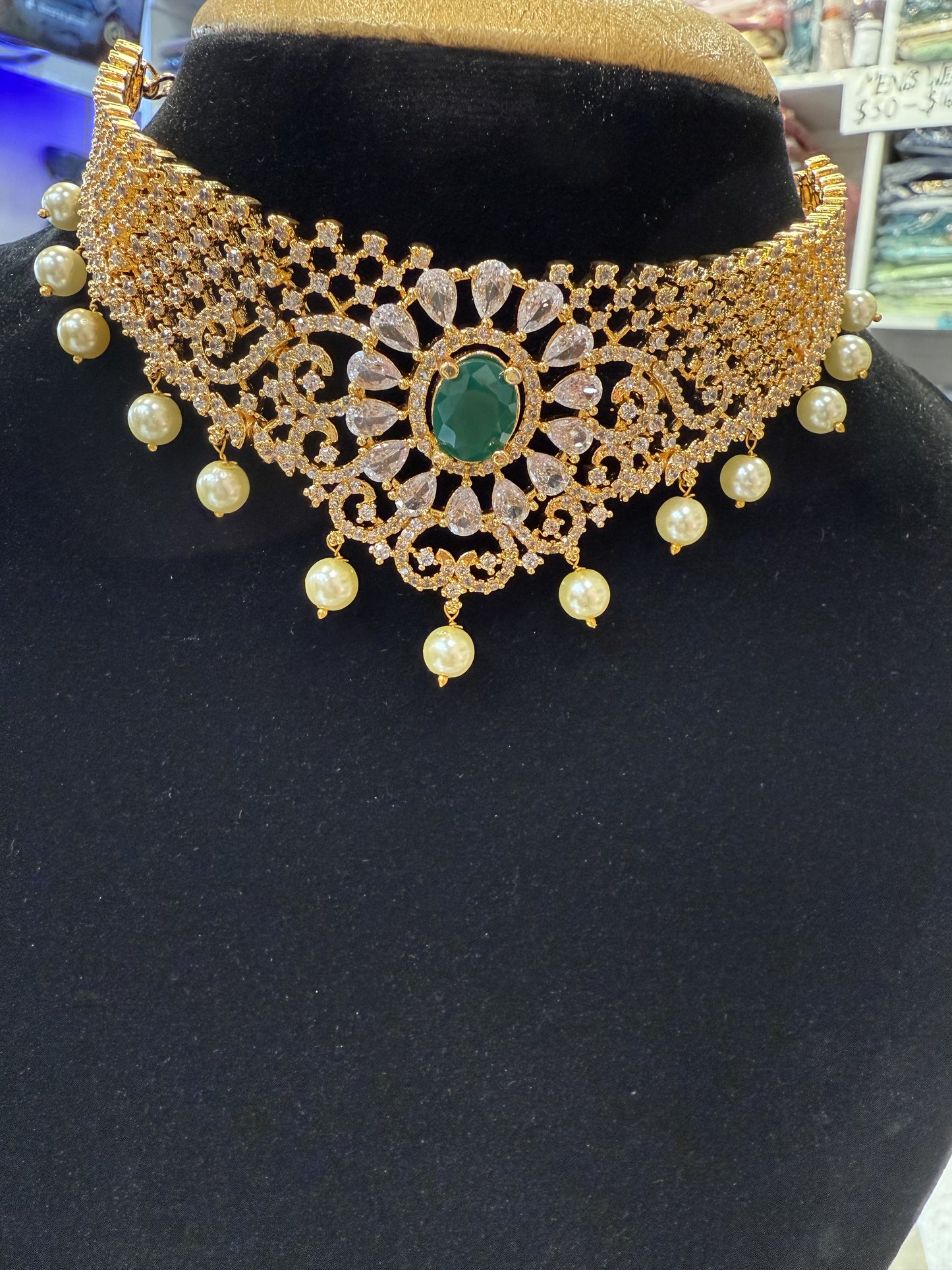 Charming American Diamond Gold Plated Green Stoned Design Necklace With Earrings