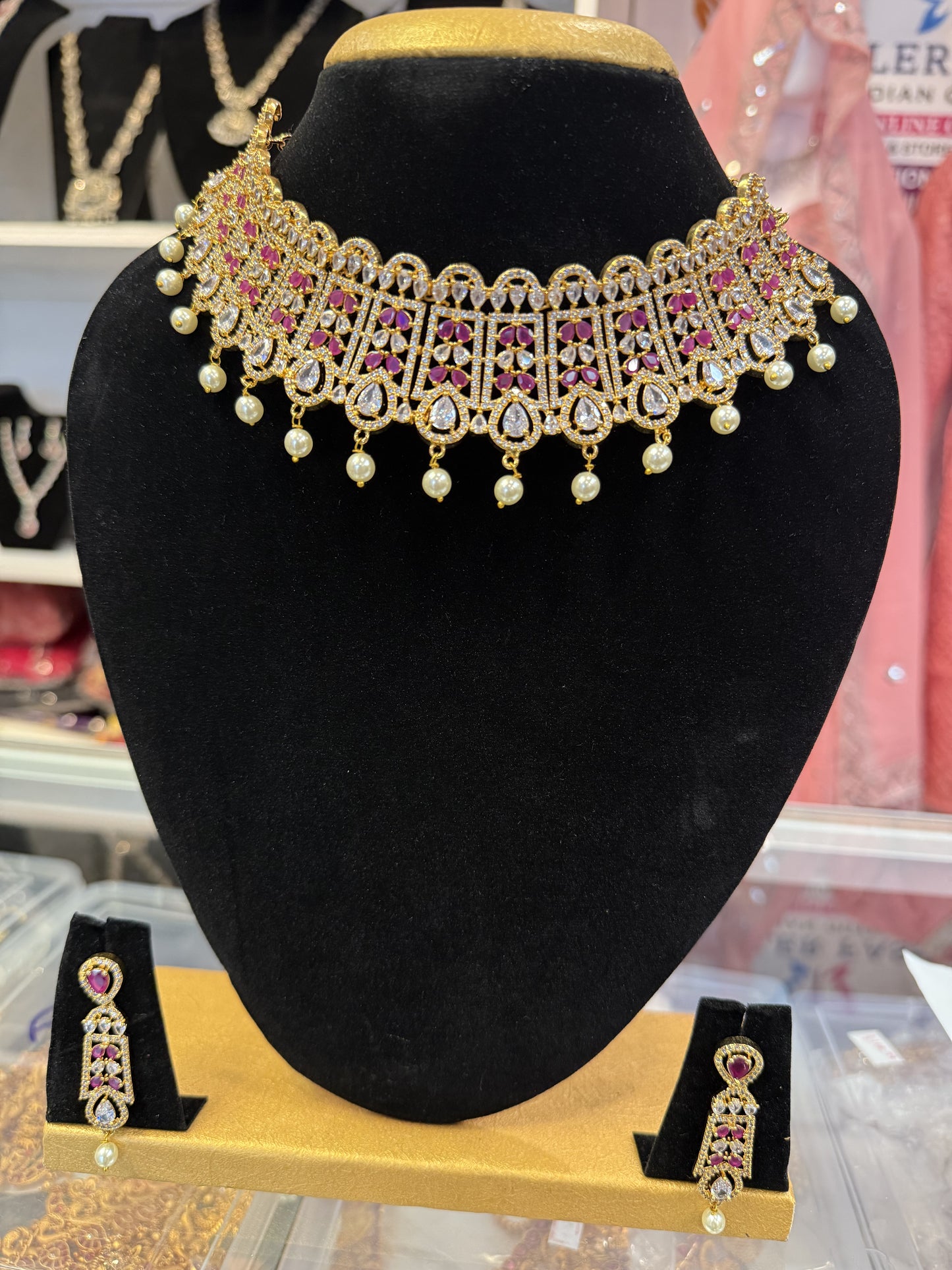 Attractive American Diamond Hot Pink And White Stoned Necklace With Earrings