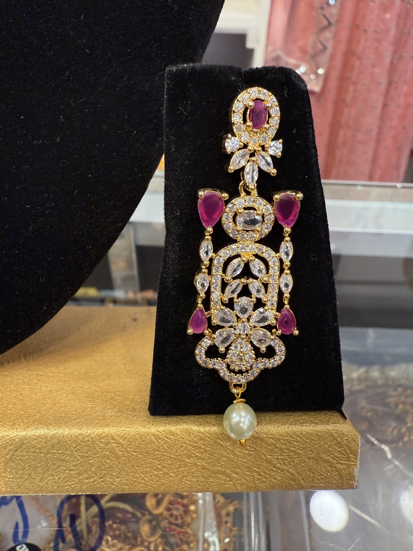 Attractive American Diamond Hot Pink Stoned Necklace With Earrings