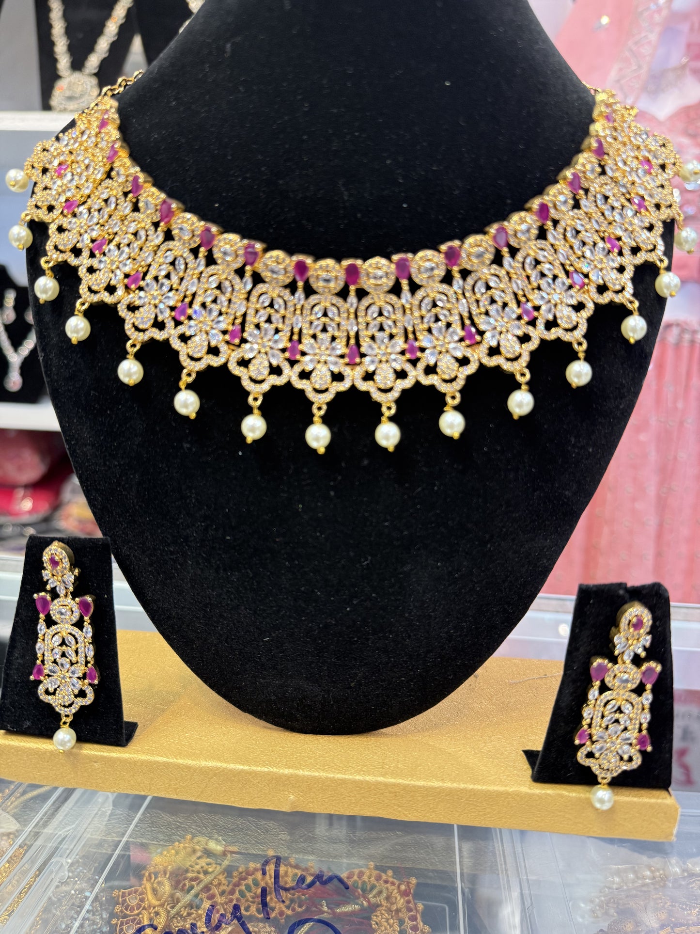 Attractive American Diamond Hot Pink Stoned Necklace With Earrings