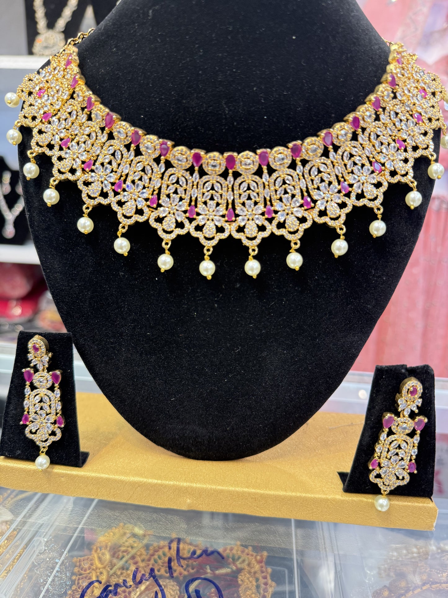 American Diamond Rani Pink Stoned Necklace With Earrings In USA