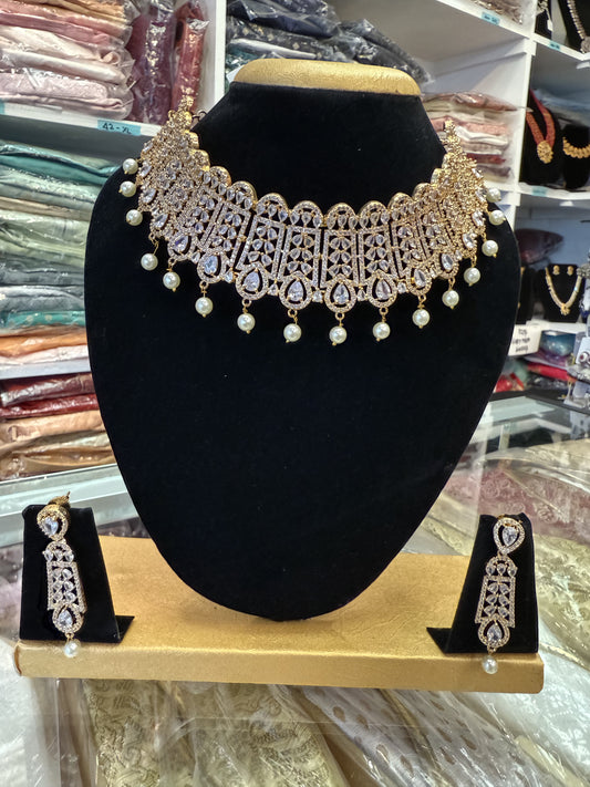 Elegant American Diamond Gold Plated White Stoned Necklace With Earrings Sets