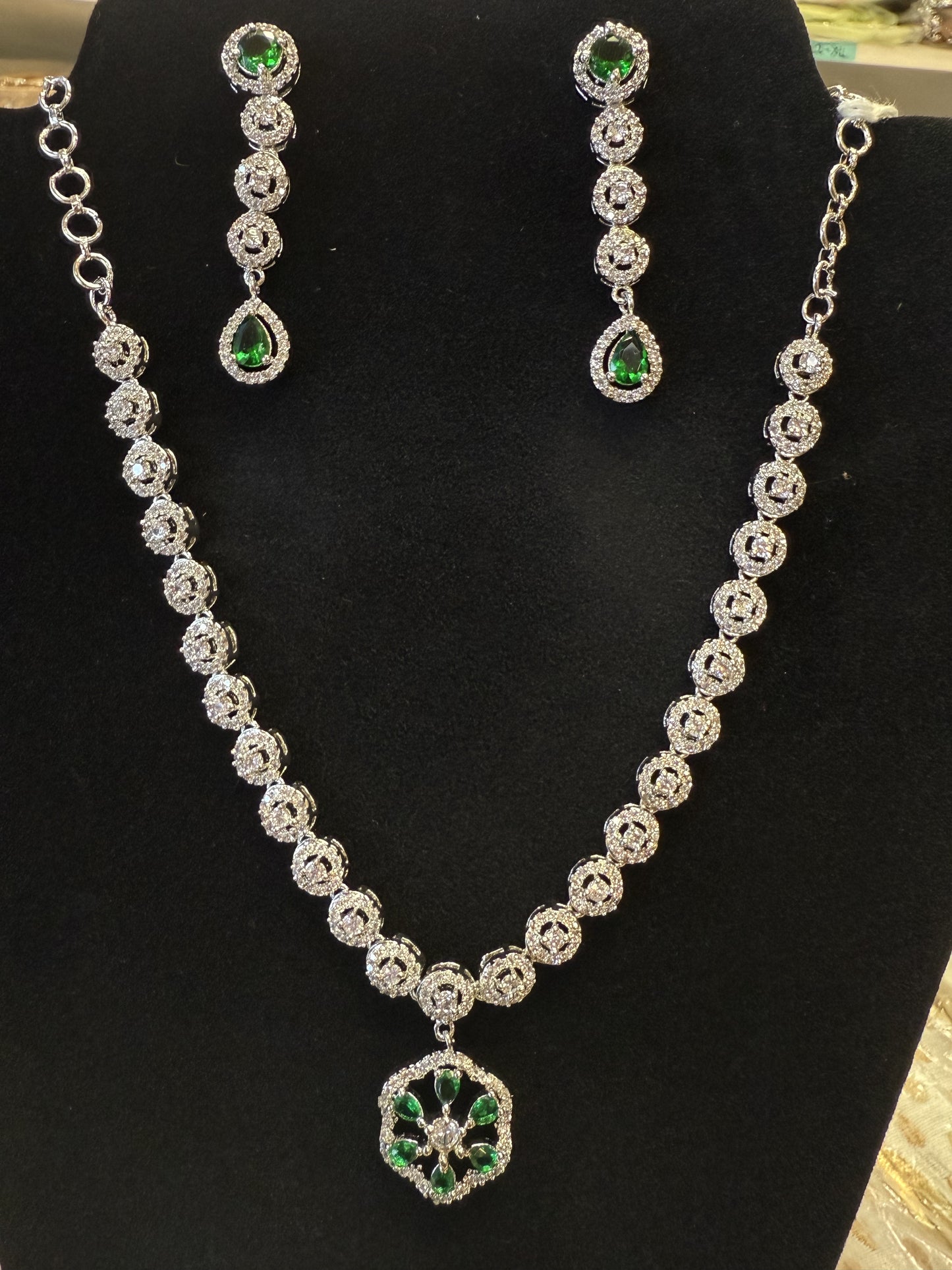 Alluring American Diamond Green Stoned Necklace With Earrings