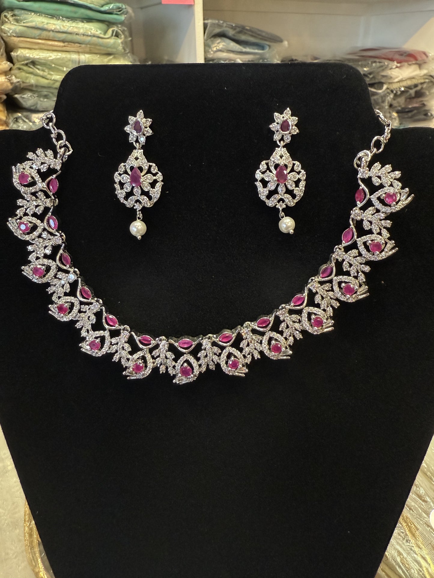 Attractive American Diamond Pink Stone Necklace With Earrings