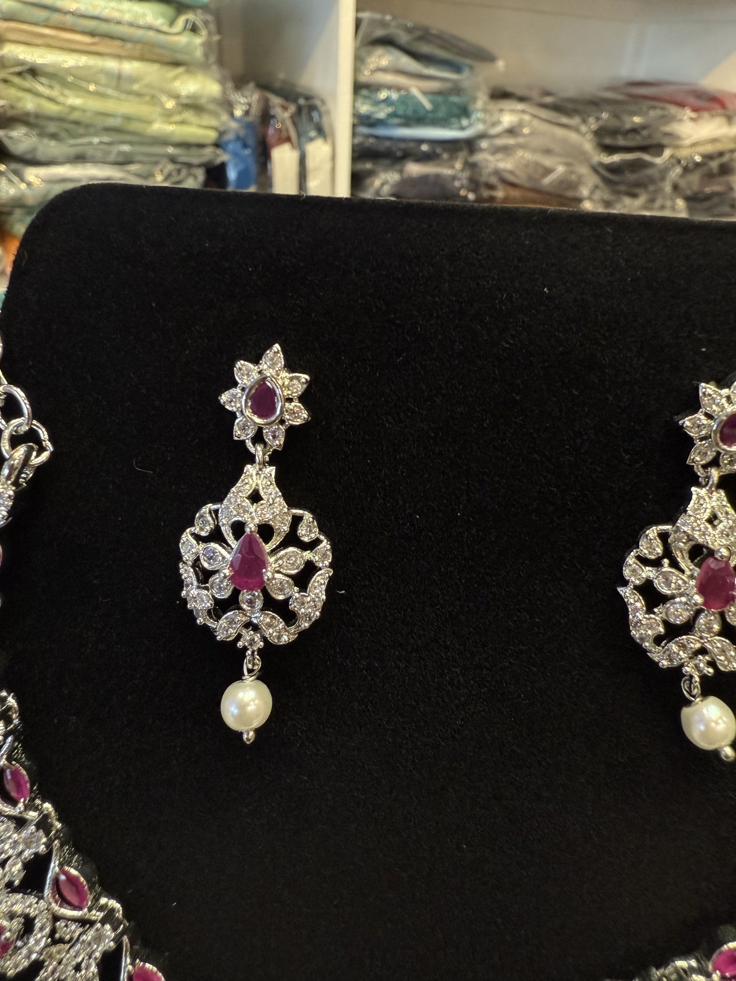 Attractive American Diamond Pink Stone Necklace With Earrings