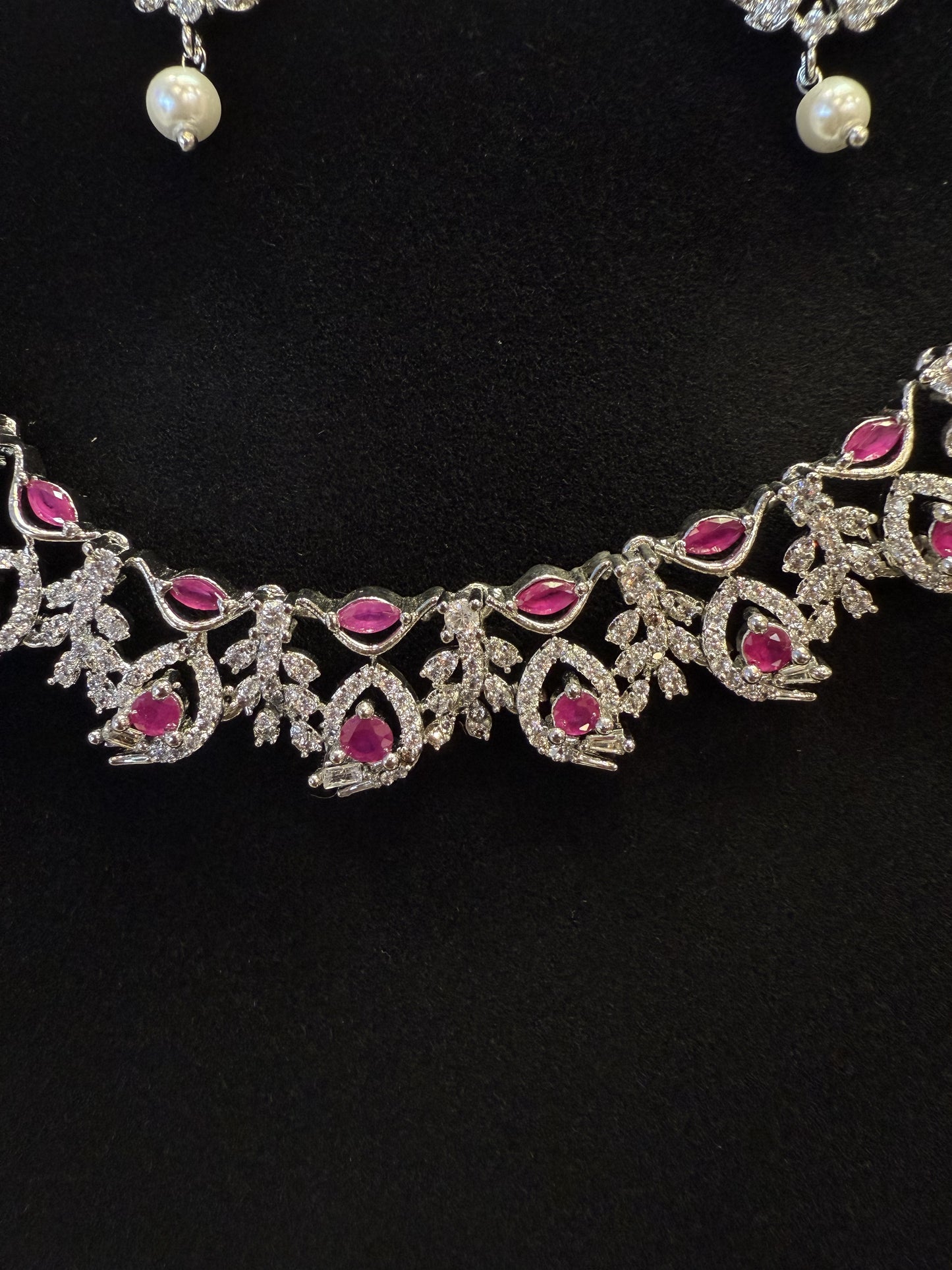 Attractive American Diamond Pink Stone Necklace With Earrings