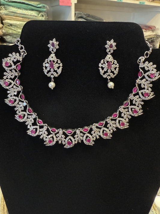 Attractive American Diamond Pink Stone Necklace With Earrings