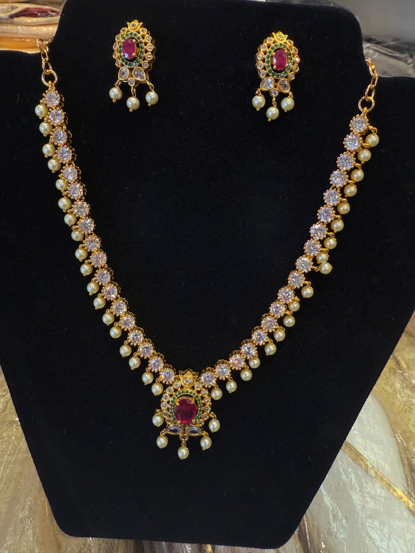 Awesome Gold Plated Necklace with Hot Pink And White Stones For Women