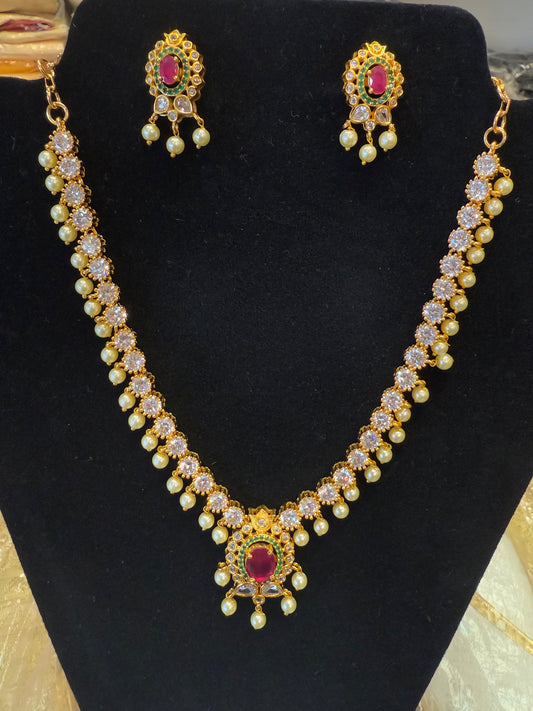 Awesome Gold Plated Necklace with Hot Pink And White Stones For Women