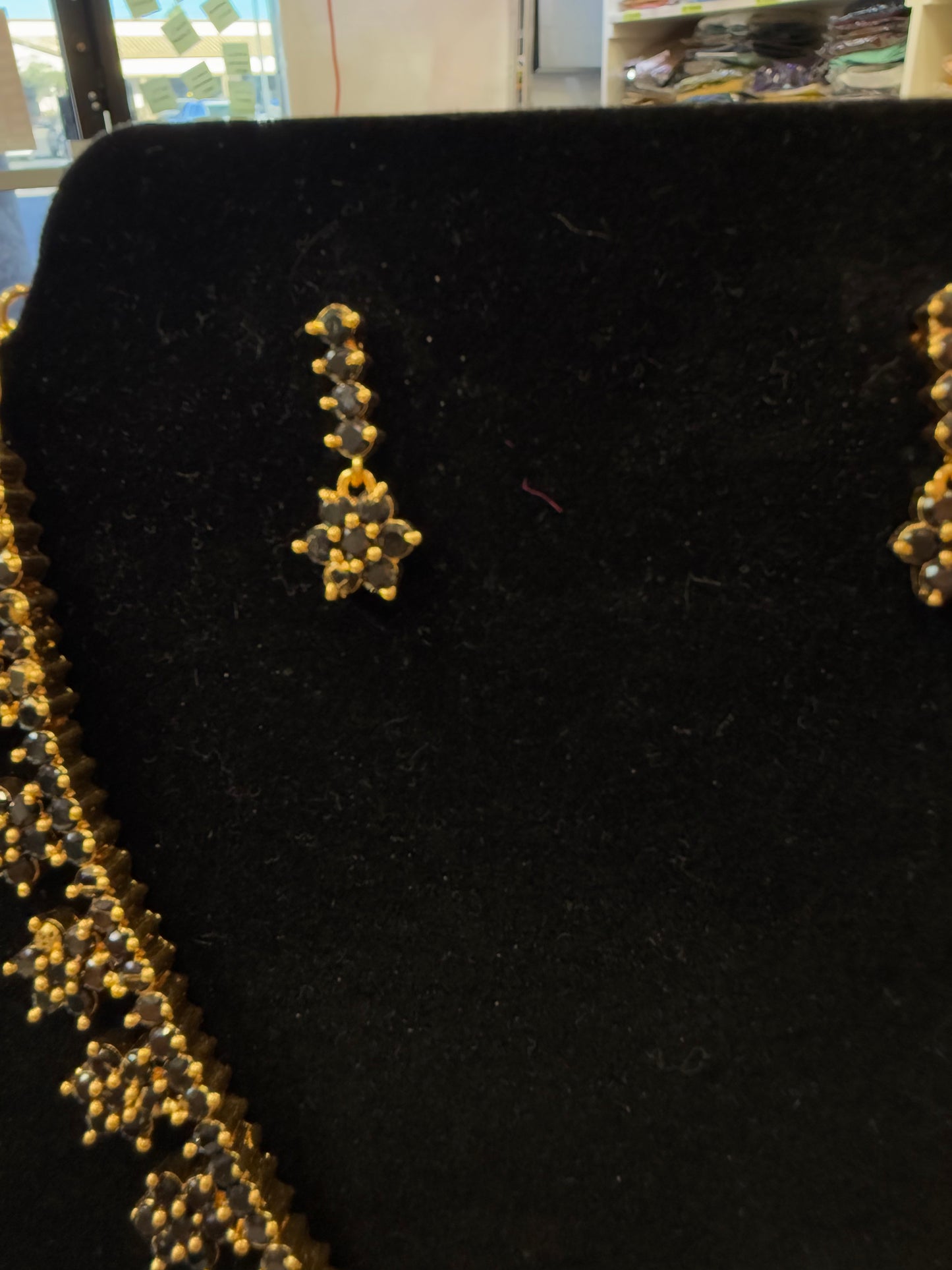 Sparkling Black Stone Design Gold Plated Necklace With Earrings