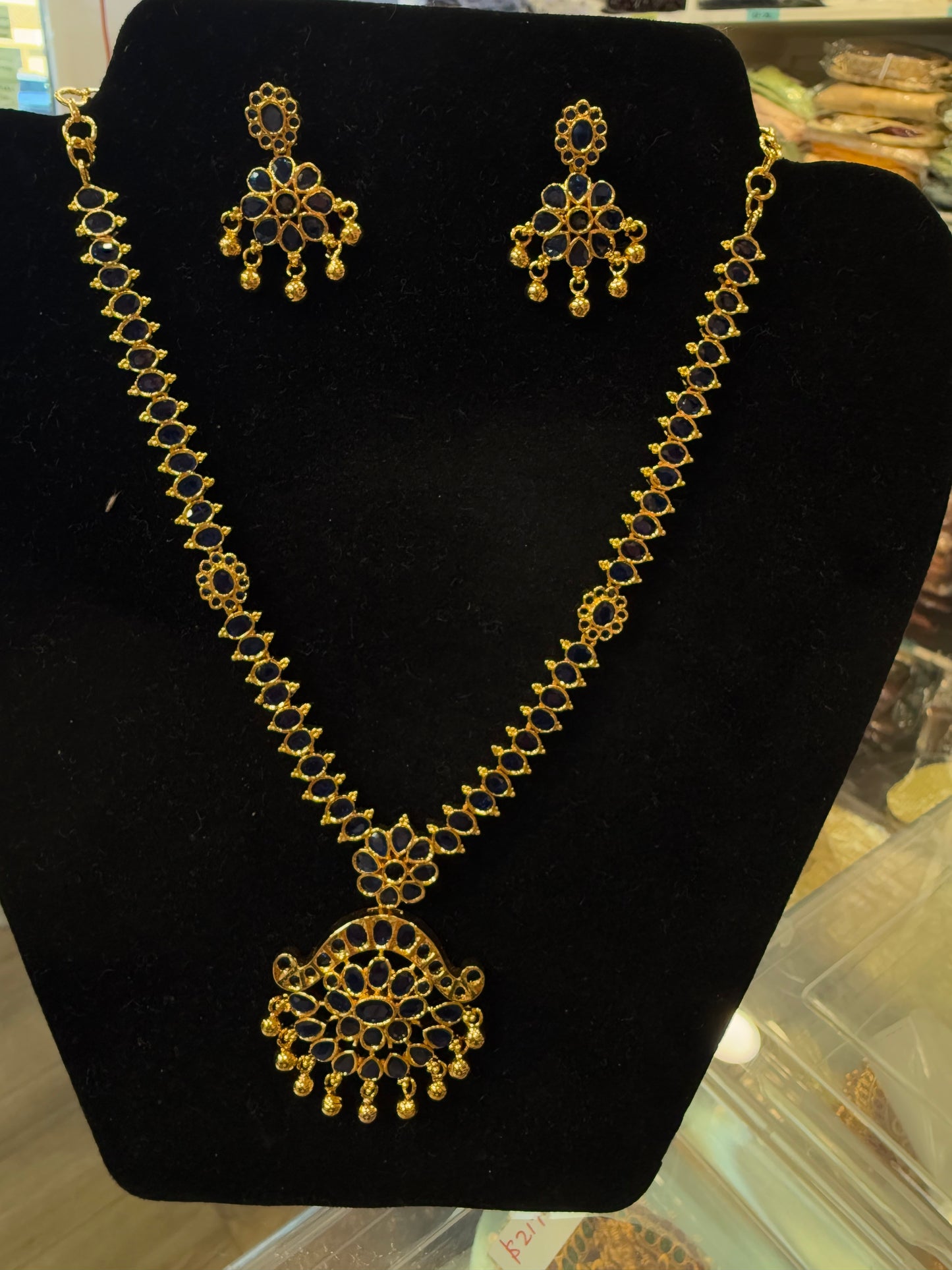 Alluring Gold Plated Navy Blue Color Necklace With Earrings