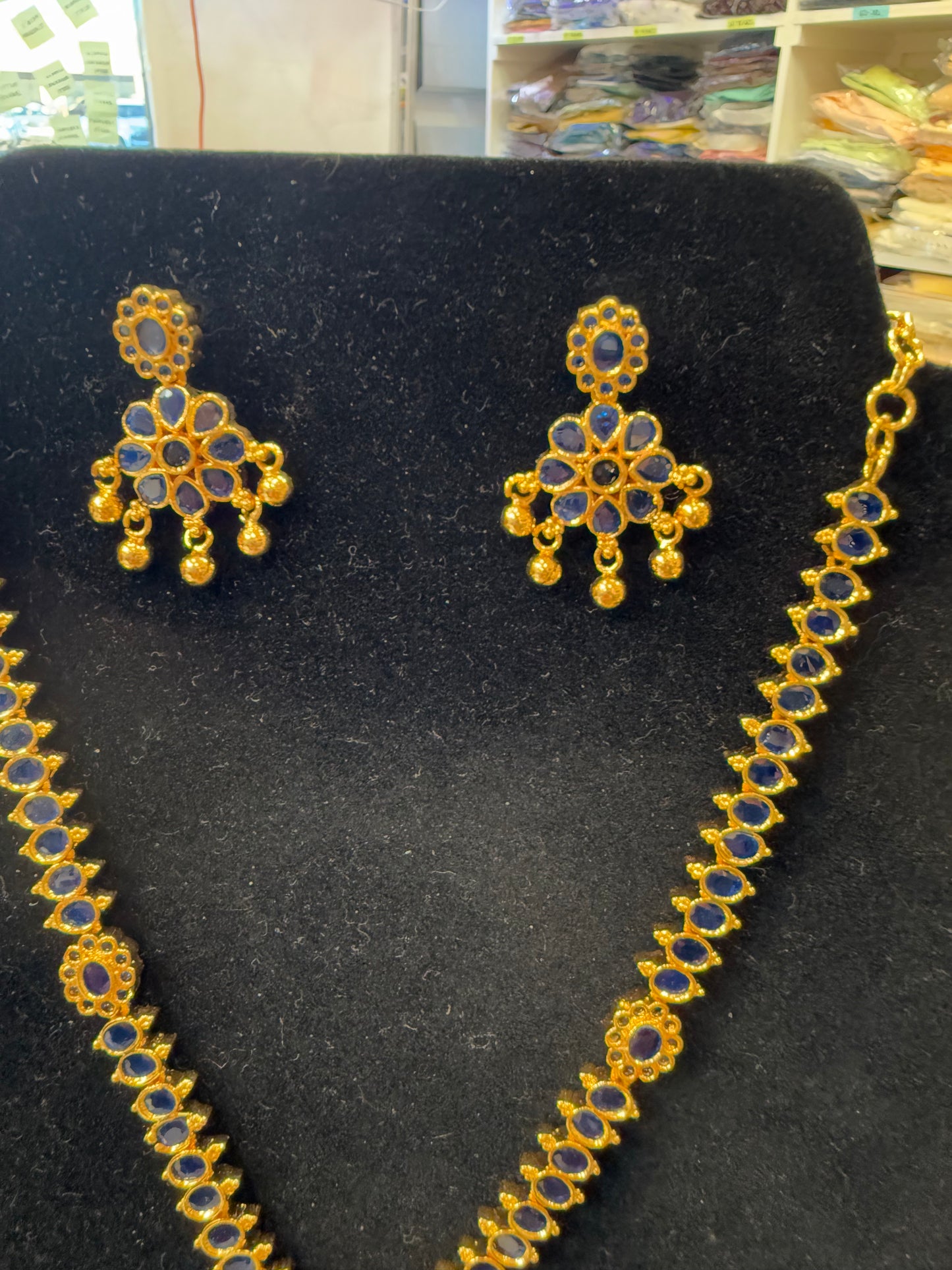 Alluring Gold Plated Navy Blue Color Necklace With Earrings