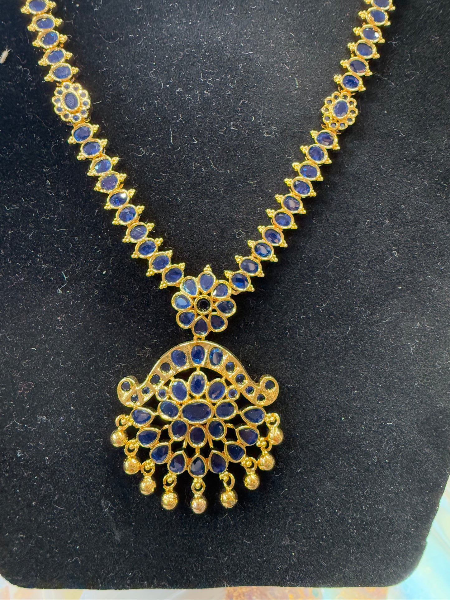 Alluring Gold Plated Navy Blue Color Necklace With Earrings