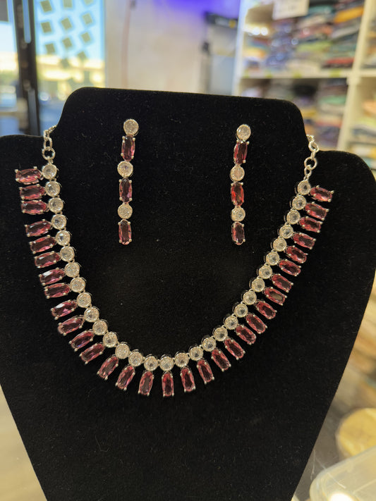 Attractive American Diamond Rose Pink Stone Necklace With Earrings